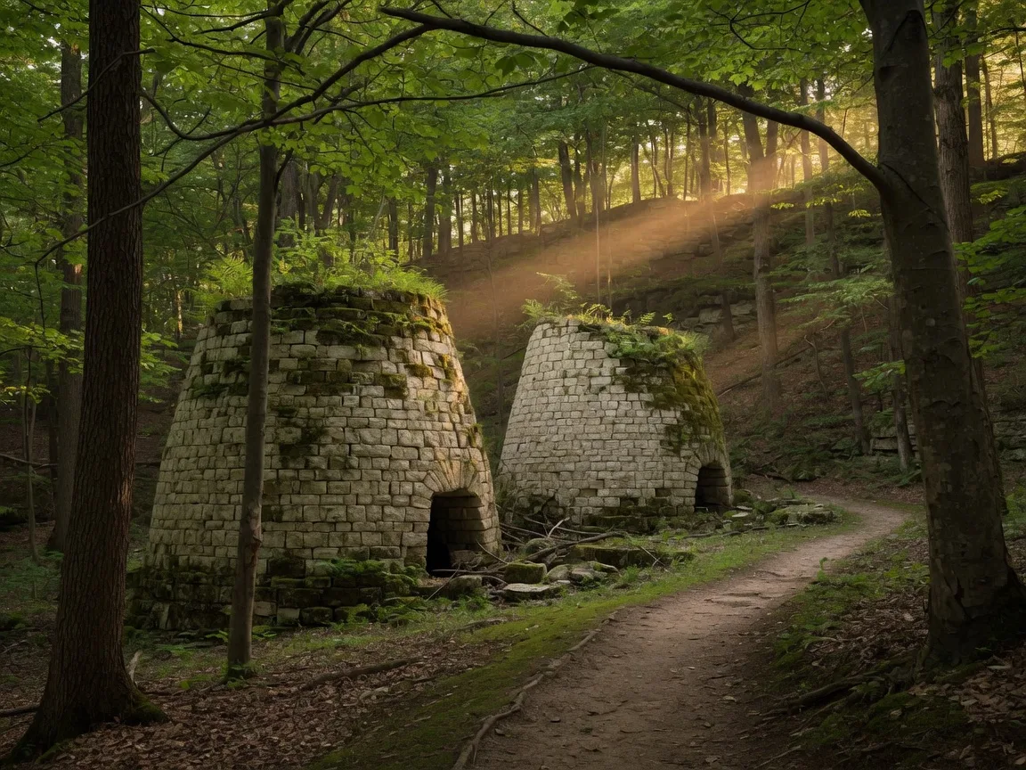 Moss-covered 19th-century limestone lime kilns in the forest of Limehouse Conservation Area