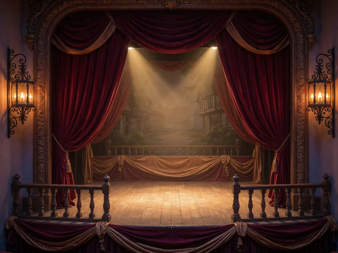 A Shakespeare festival theater stage with red velvet curtains and warm lantern light