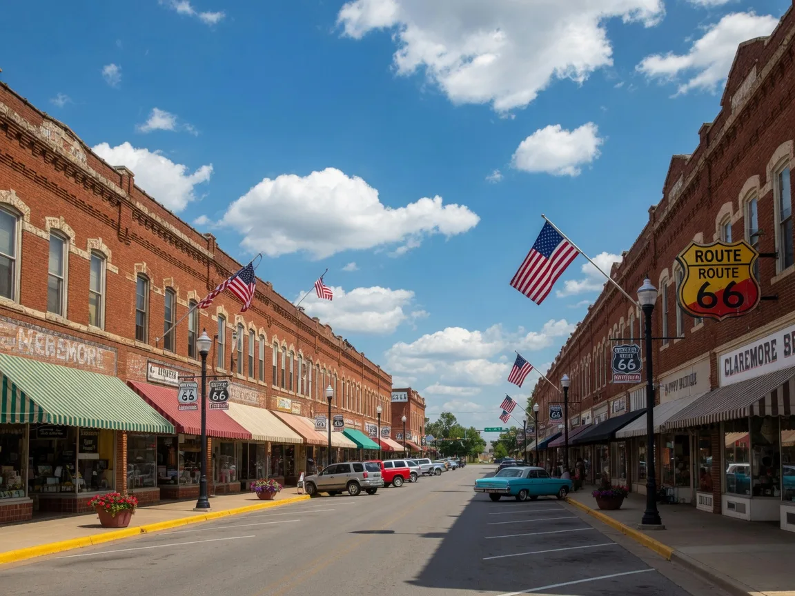 Historic downtown Claremore with brick storefronts, awnings, Route 66 signage, and American flags along main street
