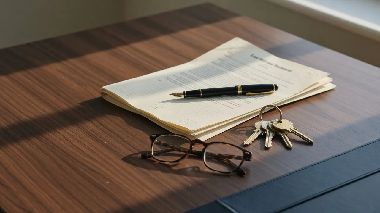 A fountain pen, a folded will document, and house keys resting on a dark walnut desk in soft morning light