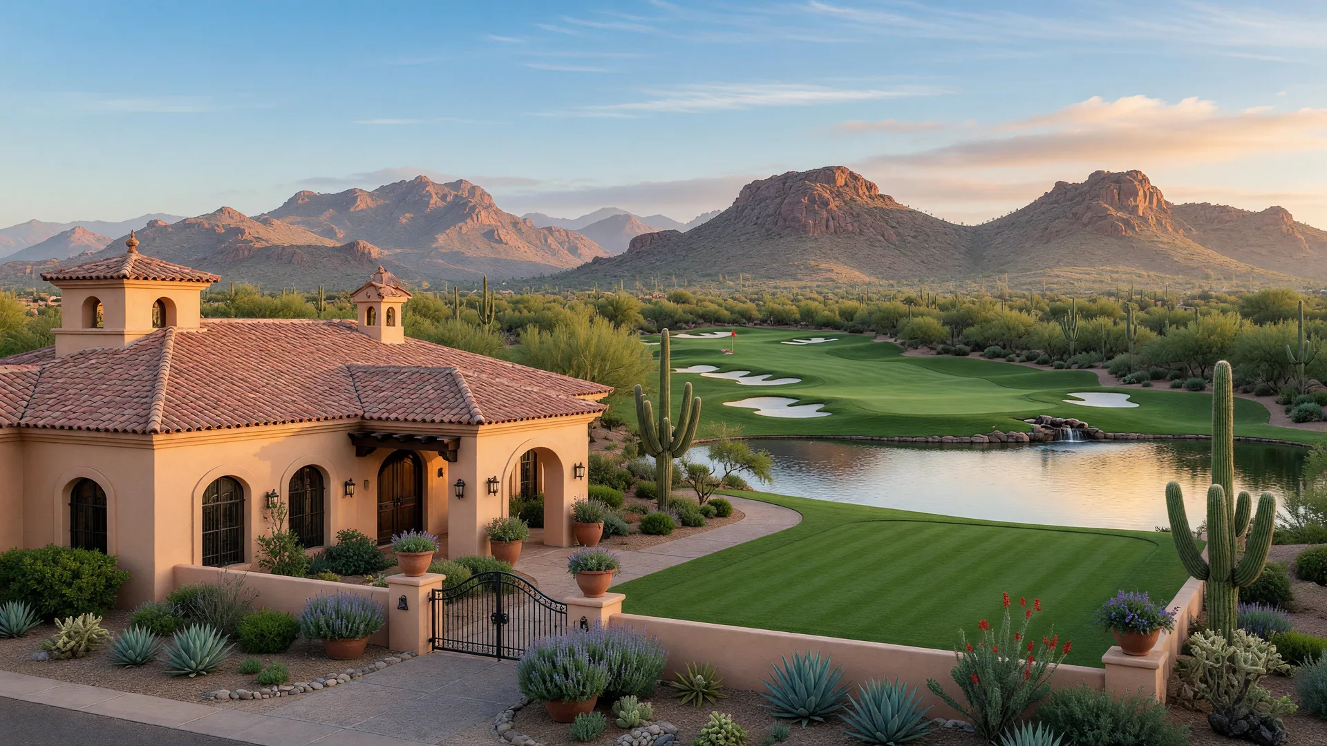An exclusive private golf clubhouse with manicured fairways in the Arizona desert
