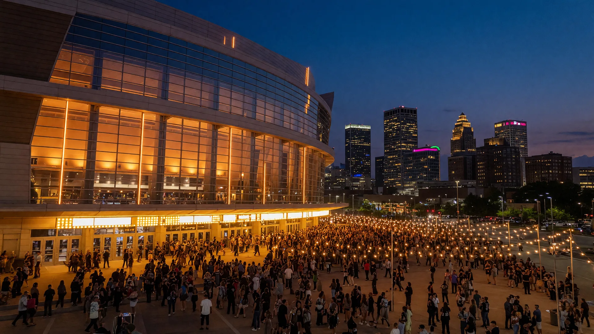 The BOK Center arena in downtown Tulsa glowing warmly on a fall concert night with a crowd gathered at the entrance
