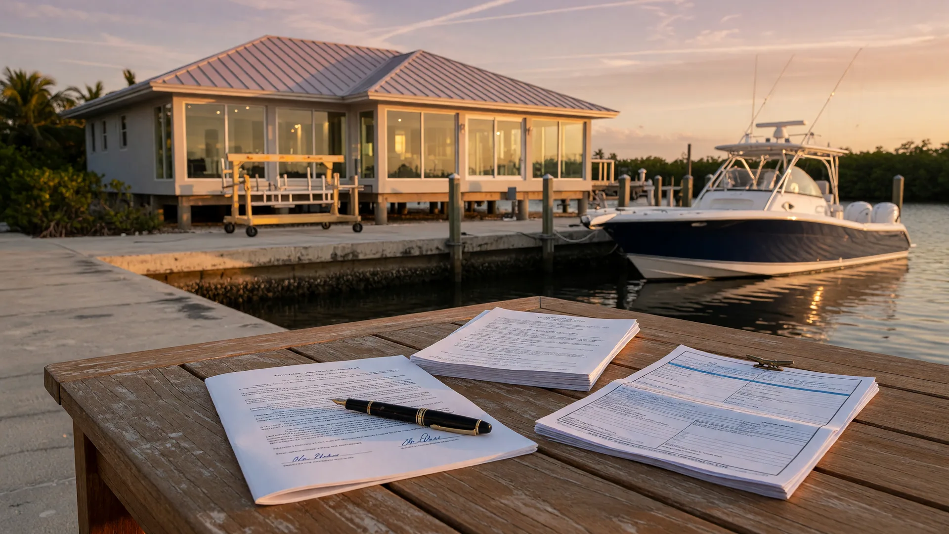 A real estate purchase contract, a banker's pen, and a neat stack of deposit documents on a weathered teak dock table in the Florida Keys at golden hour, a luxury elevated waterfront home with a metal roof and a private dock with a boat lift and sportfishing yacht glowing softly behind on a deep-water canal