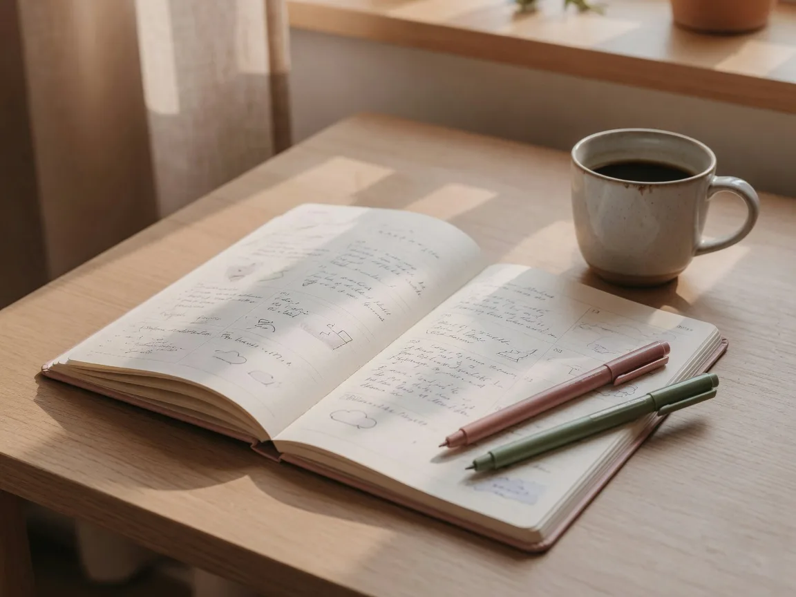 An open paper planner with handwritten notes, colored pens, and a ceramic mug on a desk in soft window light