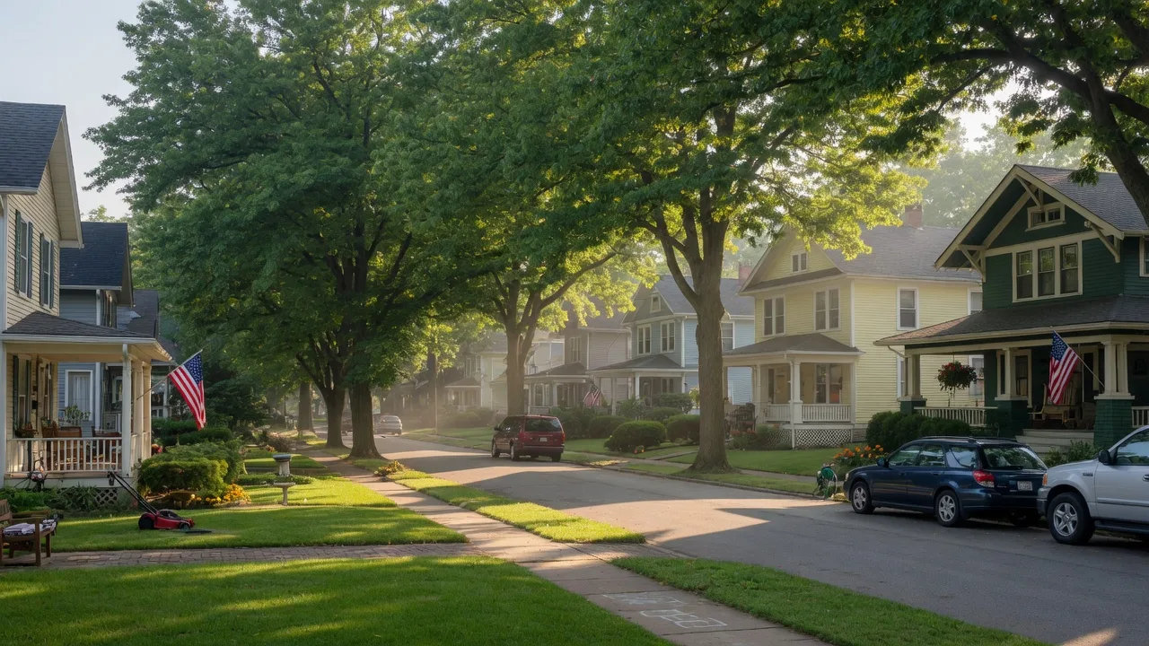 Charming tree-lined residential street in Northwest Indiana on a bright summer morning with well-maintained homes and manicured lawns
