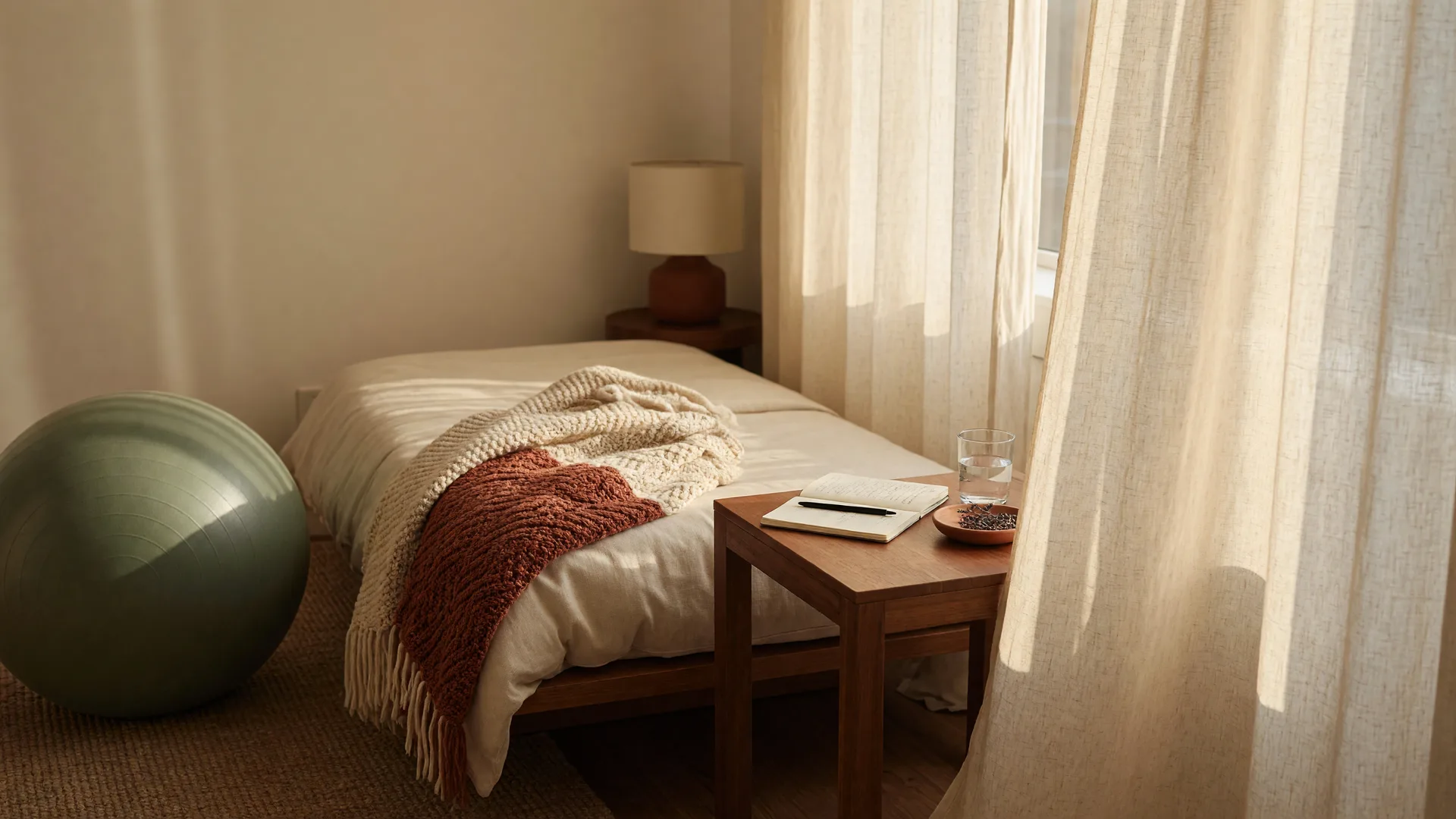 A calm, warm birthing suite with a sage-green birth ball, folded knit blanket, and notebook in soft morning light