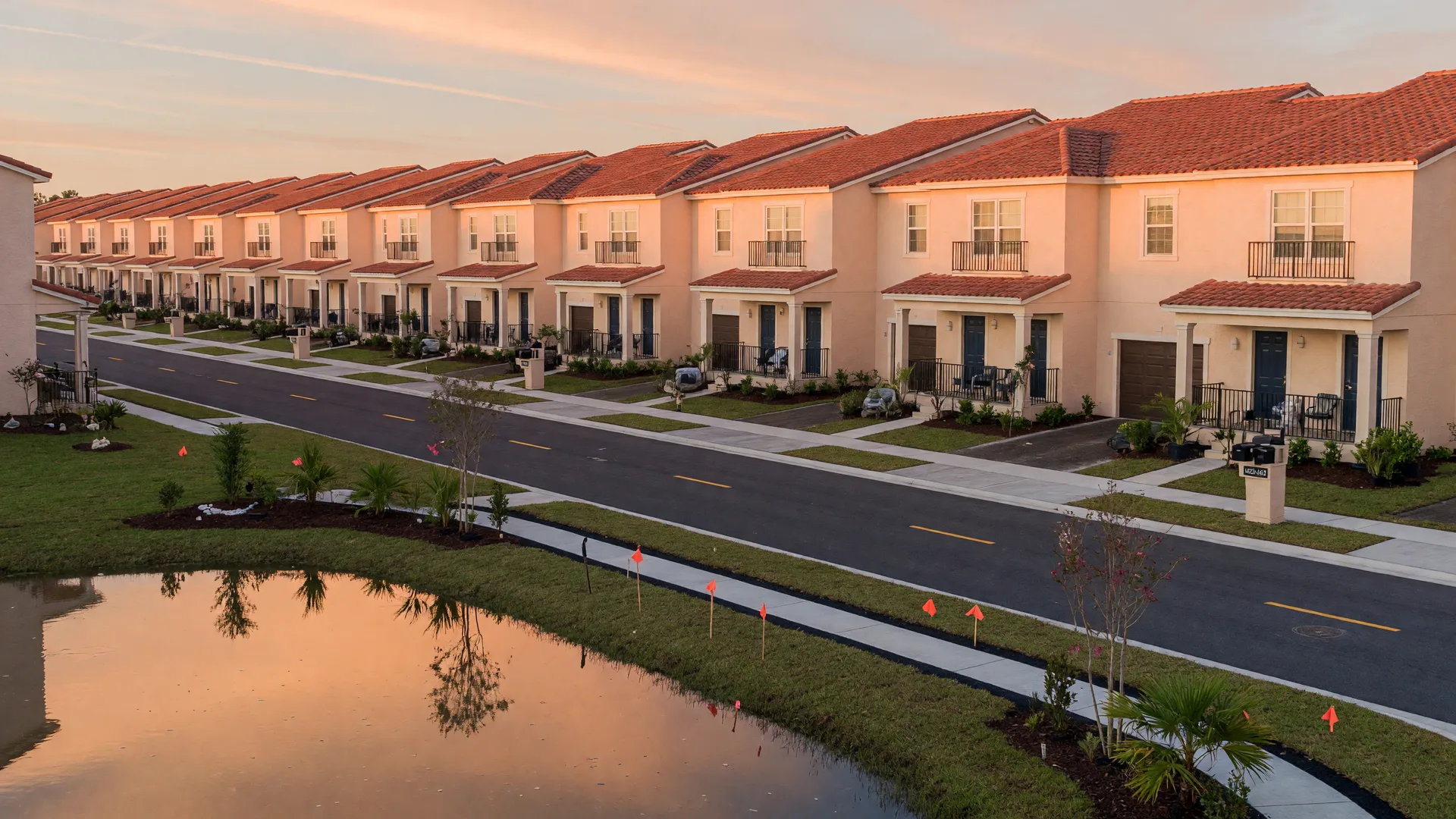 A new two-story stucco townhome community at golden hour with young landscaping and a retention pond and walking path in the foreground.