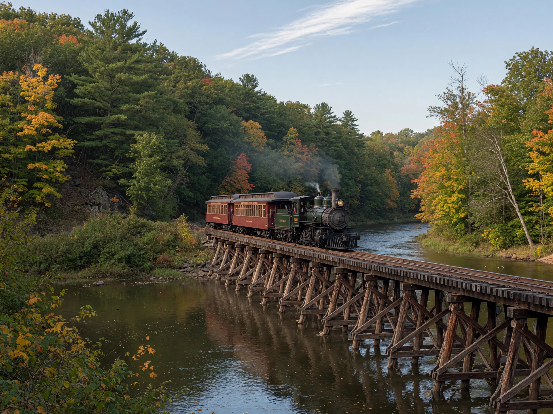 A heritage excursion train crossing a wooden trestle bridge over a river in early-autumn forest