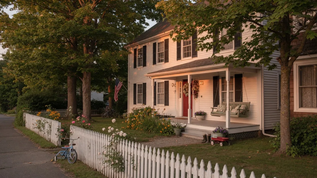 A classic New England colonial family home in a quiet Connecticut neighborhood at golden hour with a white picket fence and mature trees
