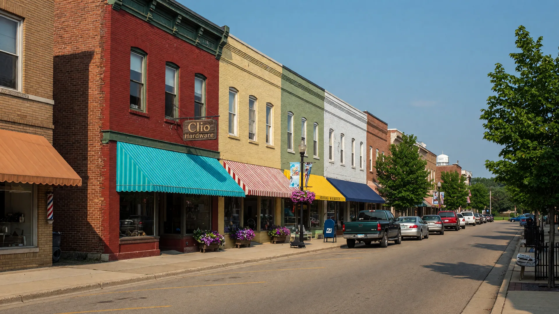 The small downtown main street of Clio, Michigan with historic brick storefronts, awnings, and leafy trees on a sunny afternoon