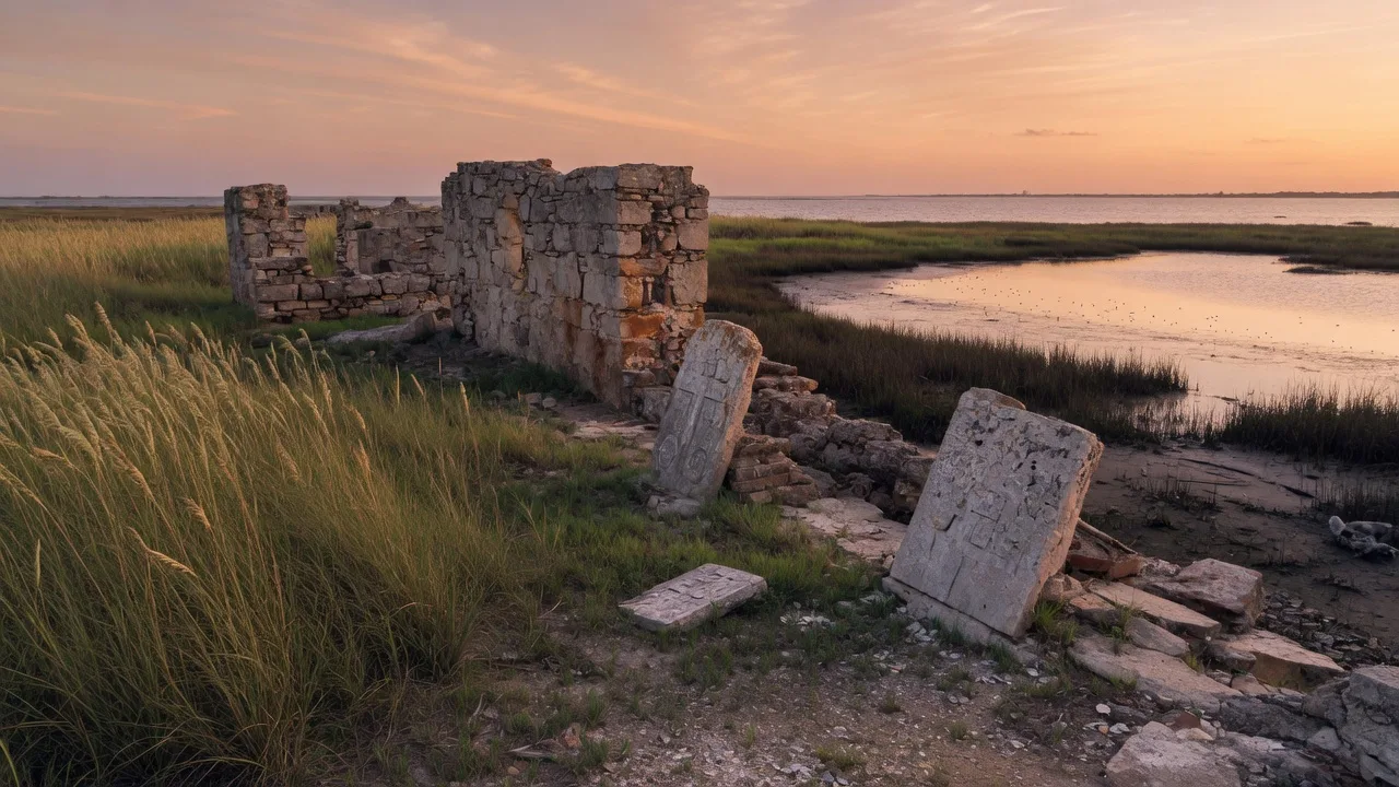 Weathered stone ruins near the water on a historic Texas coastal site