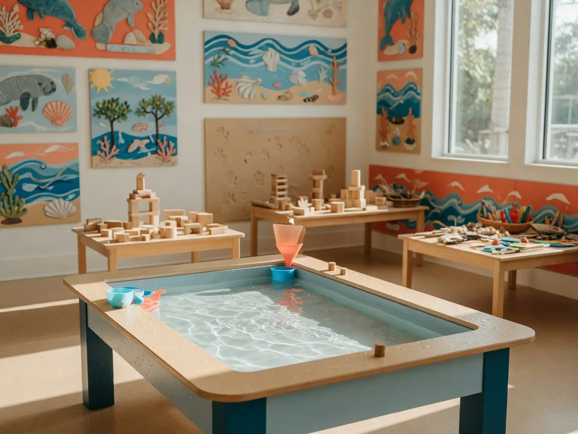 Hands-on children's museum exhibit gallery in Naples, Florida with a low interactive water-play table, colorful educational panels, and craft and building stations lit by tropical morning light