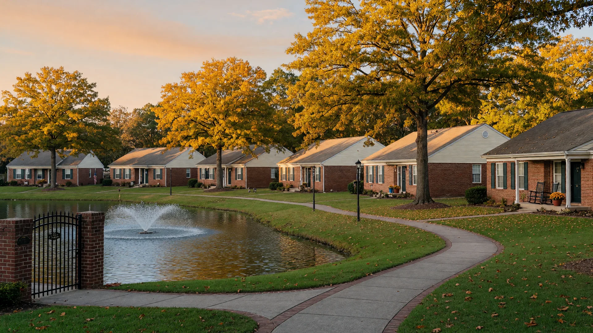 Single-level villa homes and a calm lake in the Summerlake 55+ community area of Spotsylvania County, Virginia