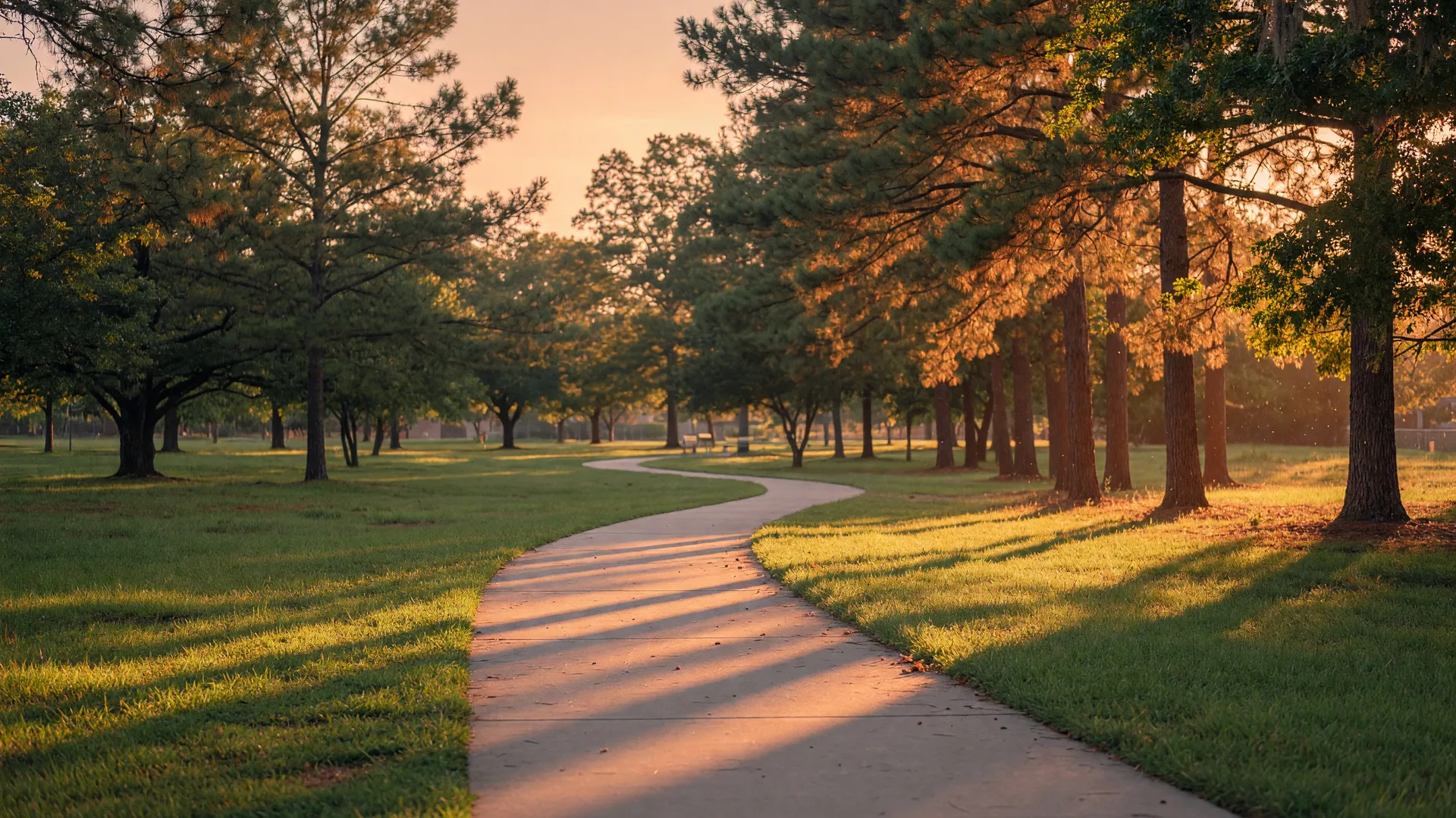 Tree-lined walking trail in a Kingwood park at golden hour