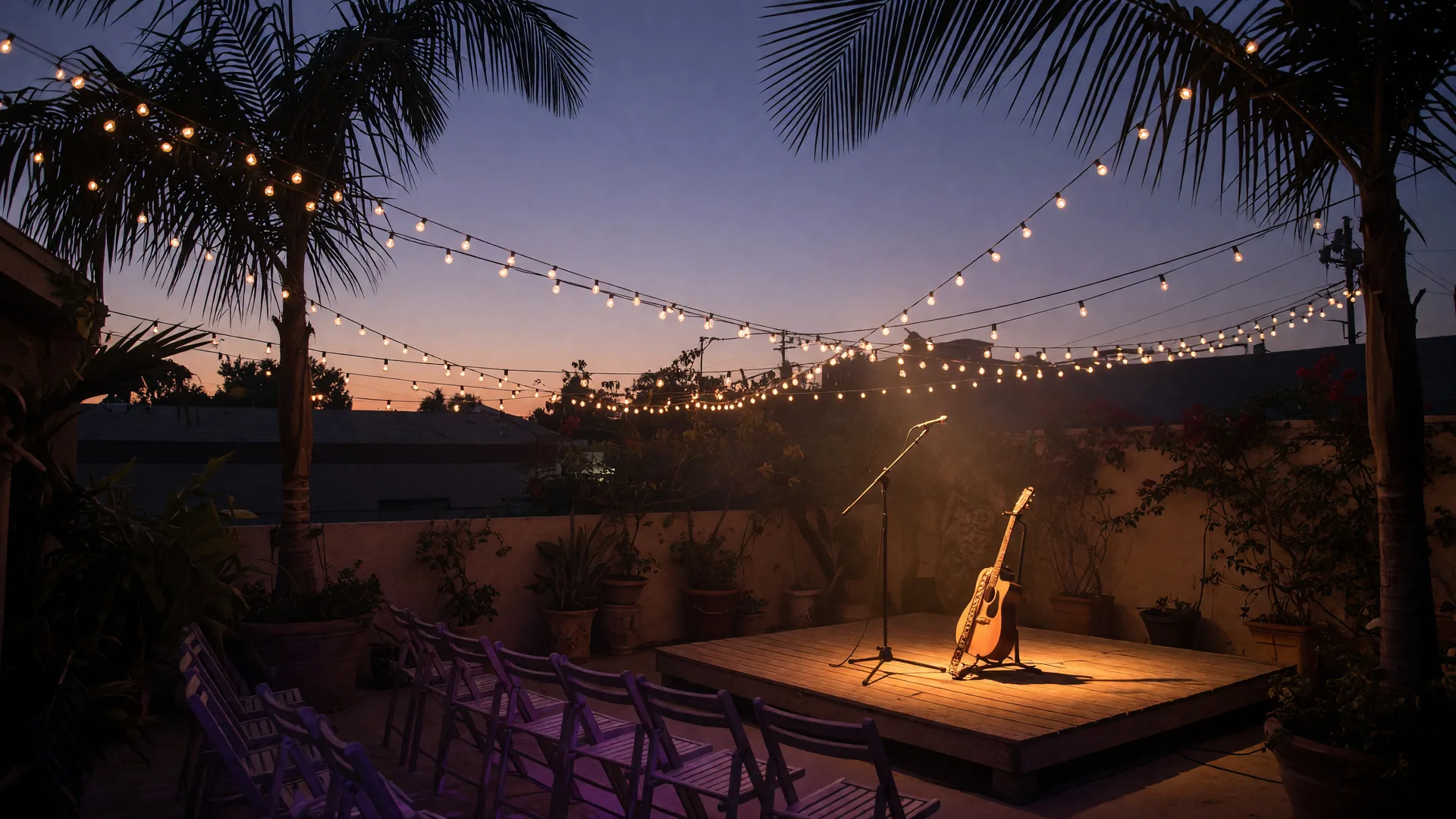 A small rooftop live-music stage at dusk in a Southern California courtyard with string lights and palm fronds against an evening sky