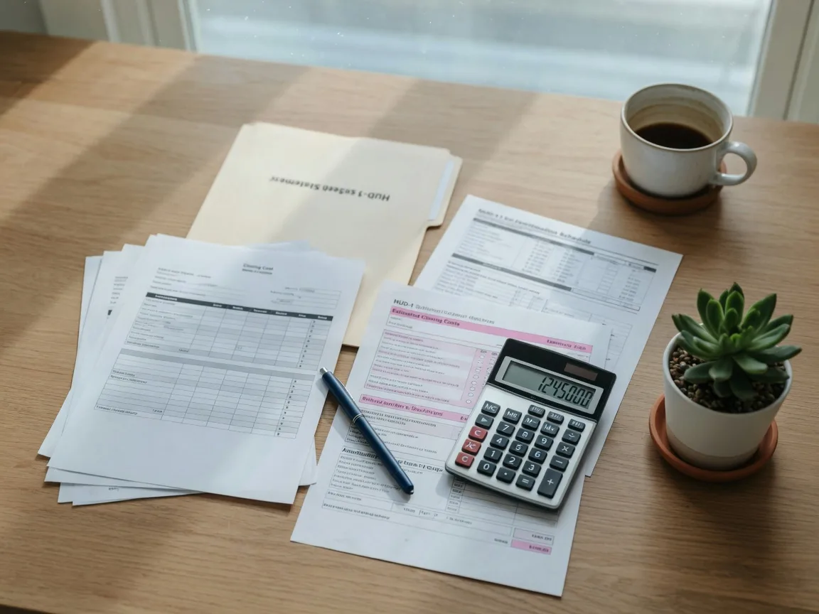 Financial documents, calculator, and pen on a desk representing the budgeting and planning required for closing costs in a real estate transaction