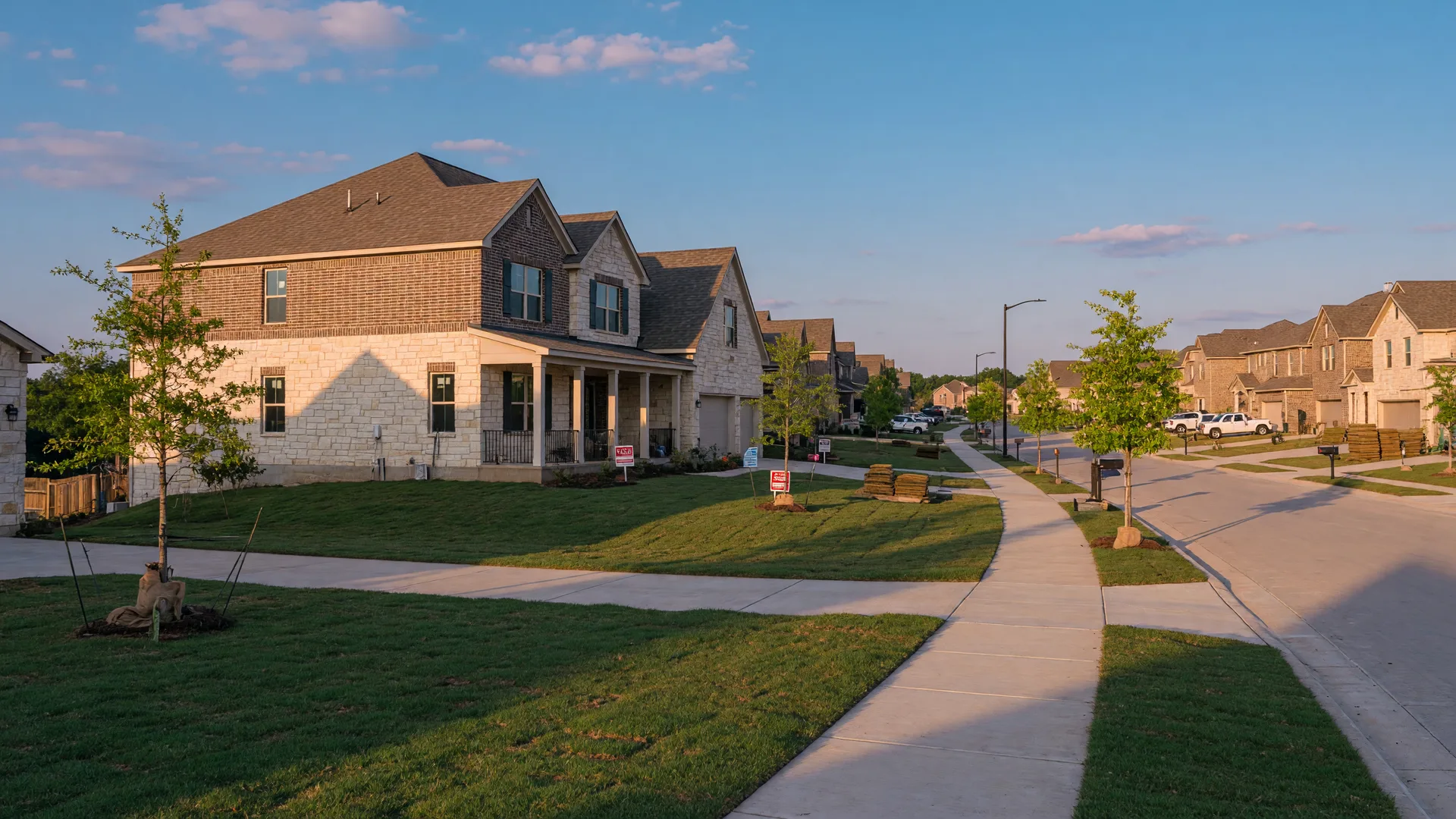 A new Highland Homes style community street in Grayson County, Texas at golden hour with stone and brick homes and young oak trees