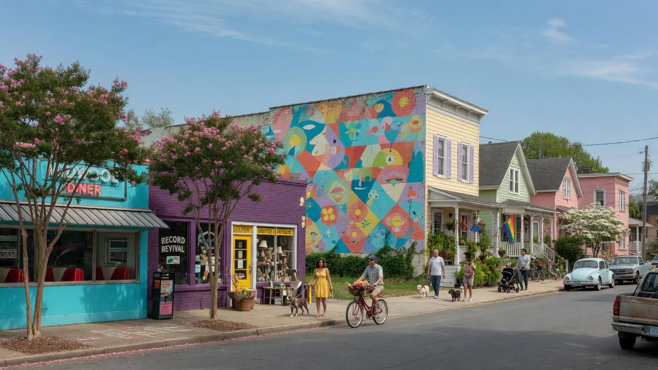 Plaza Midwood neighborhood in Charlotte with retro diner, murals, and eclectic shops