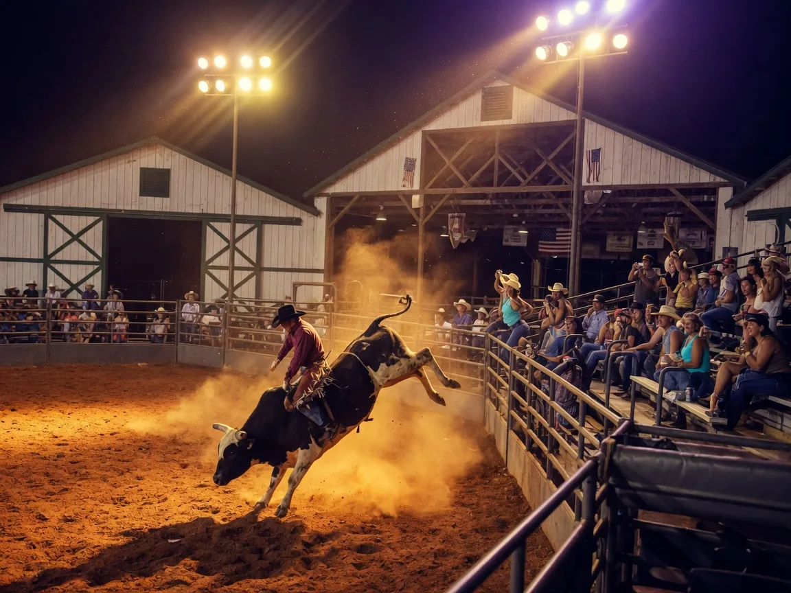 Saturday night rodeo action at Westgate River Ranch arena with bull riding and crowd