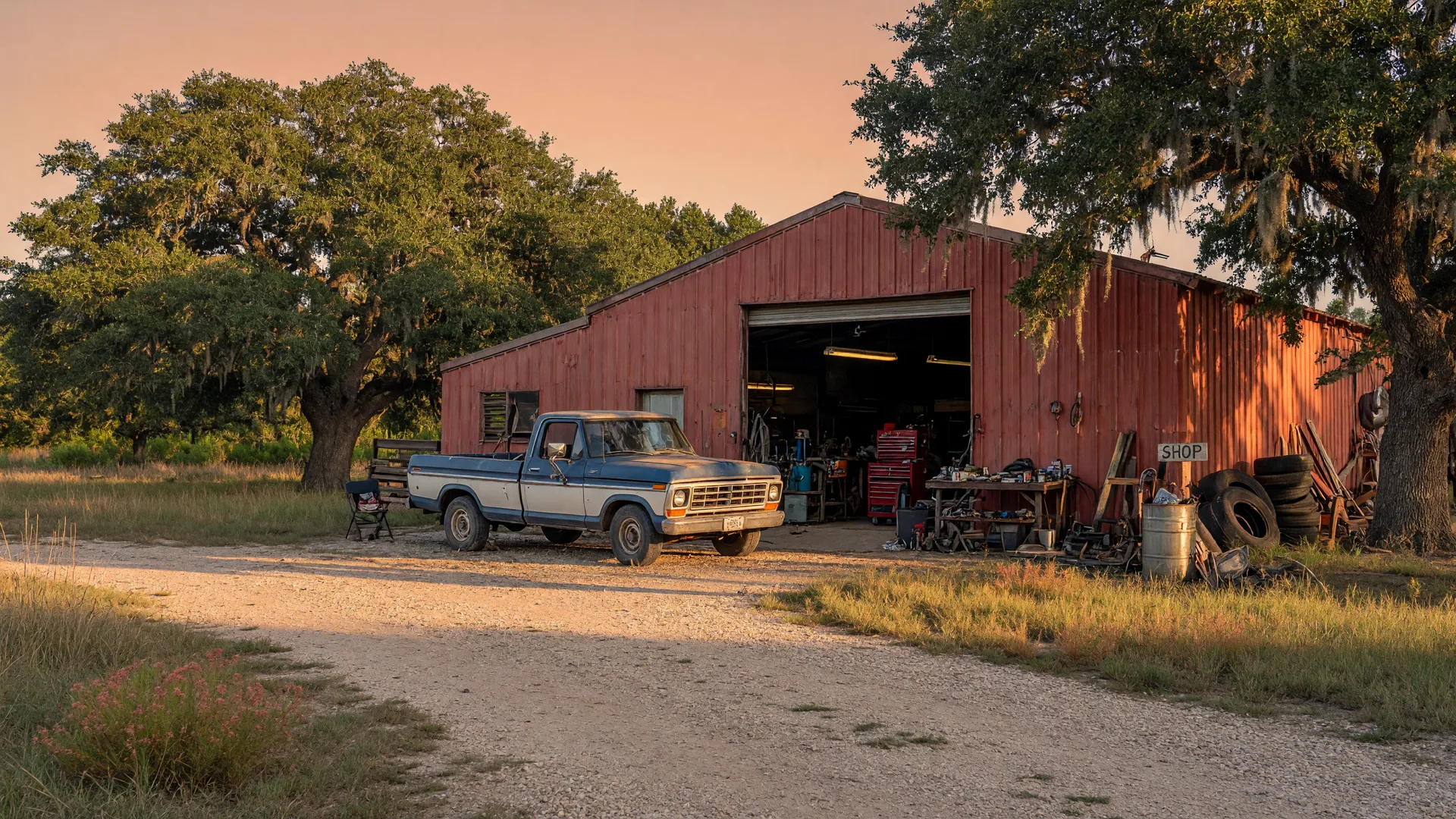 Warm golden hour light on a rural metal workshop in Northeast Texas with a vintage pickup and gravel driveway