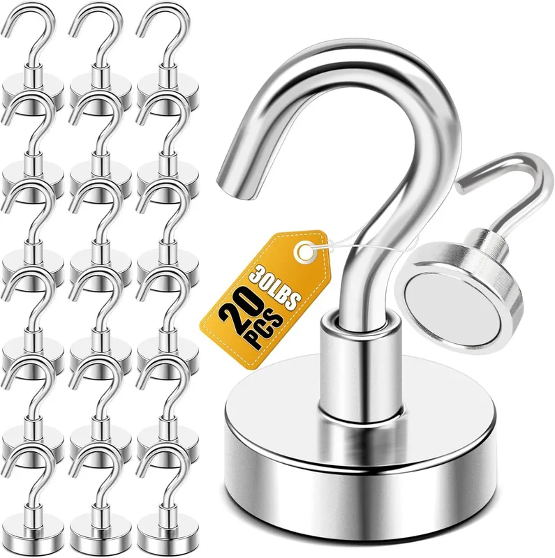 Ganchos magnéticos 20 uds. 30lbs+, ganchos magnéticos de neodimio de alta resistencia con bases metálicas y ganchos desmontables, fotografía de producto