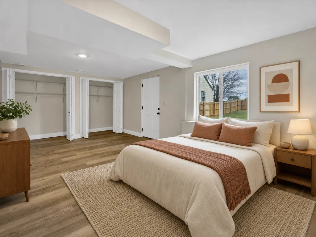 Basement bedroom virtually staged with cozy furnishings
