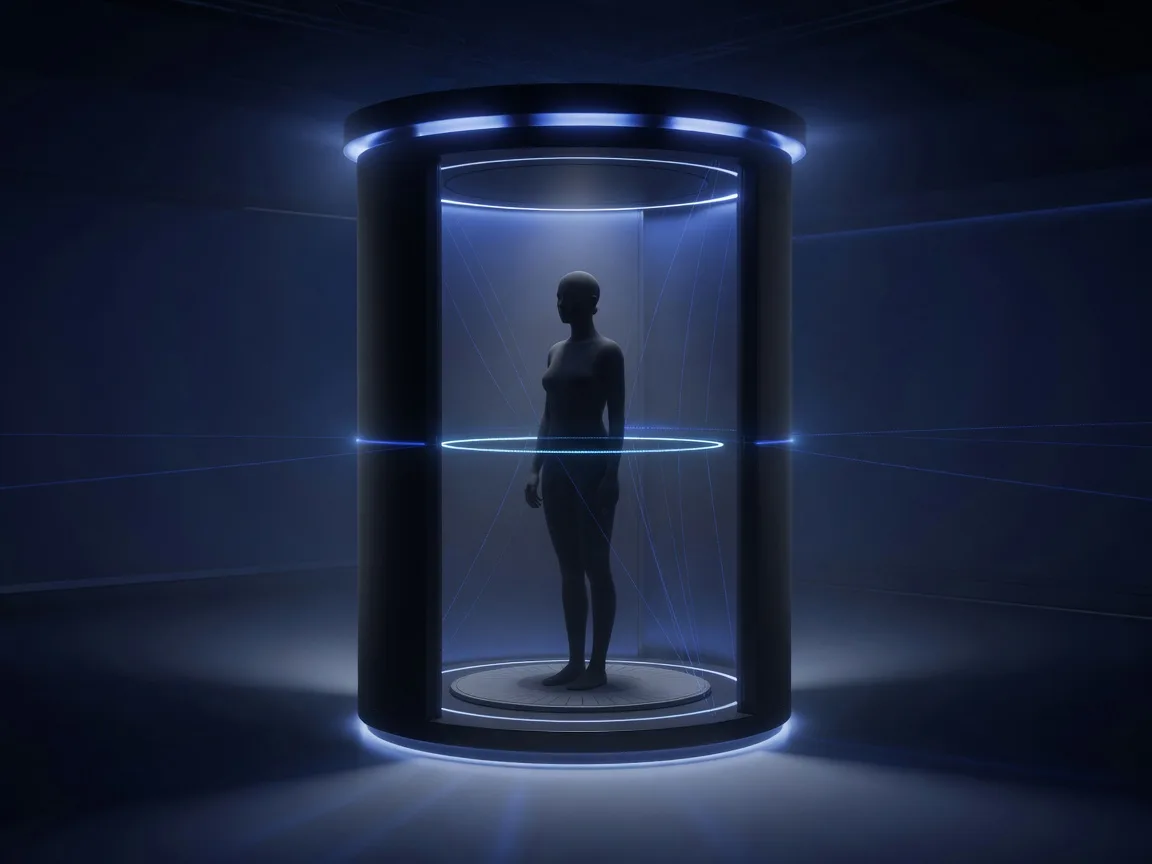 A patient standing inside the Styku 3D body composition scanning station