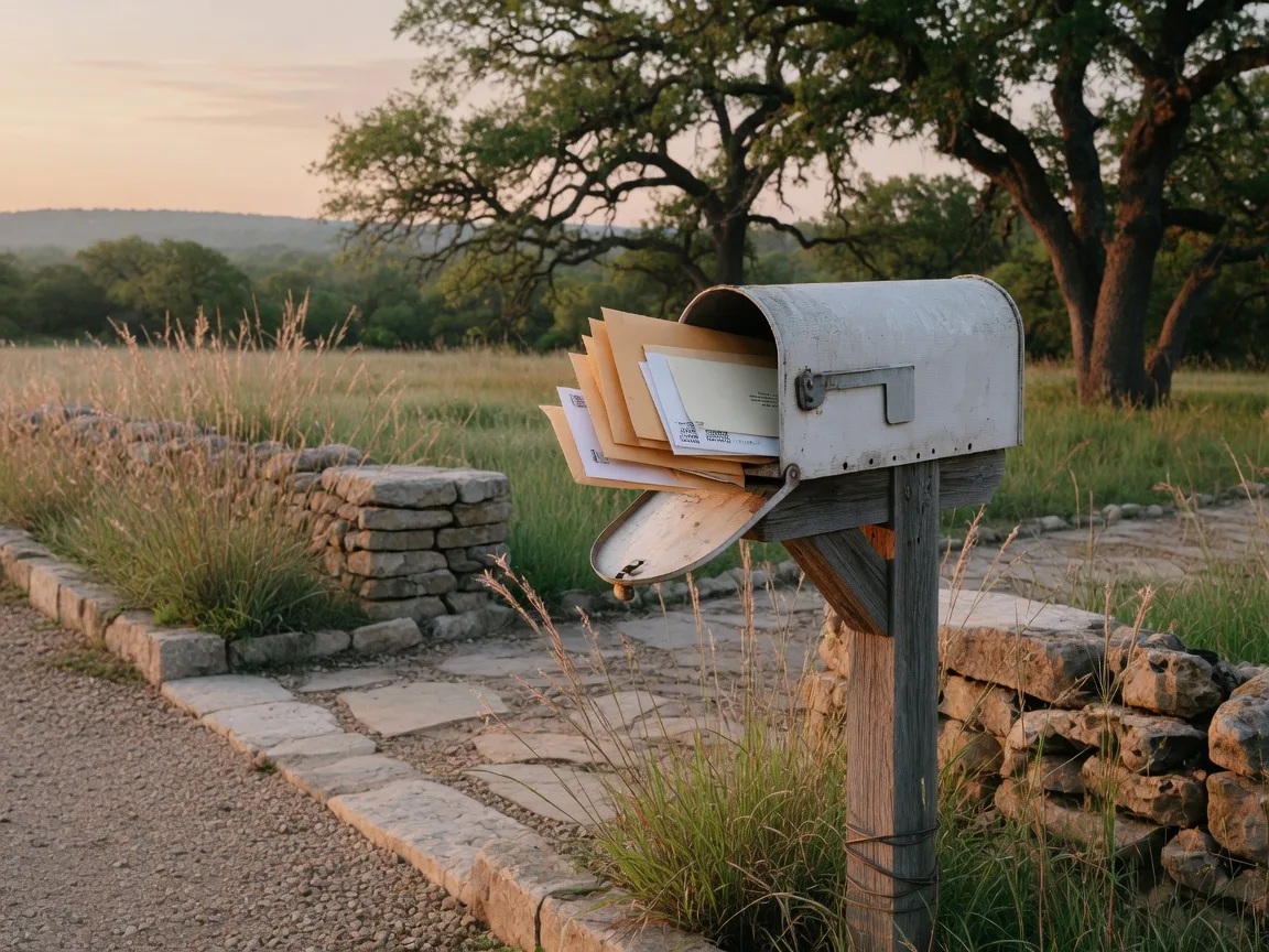 A rustic Texas Hill Country mailbox holding property tax and appraisal notice envelopes in soft morning light, limestone curb, native grasses,and live oaks