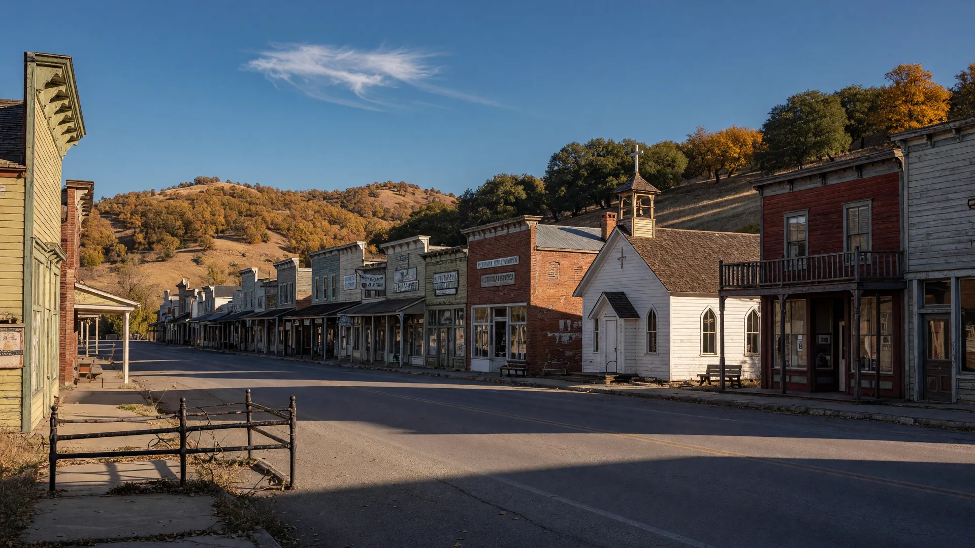 The historic Gold Rush main street of Coulterville, California on a clear late-October afternoon, weathered 1850s false-front wooden storefronts along the quiet country highway at the junction of Highways 49 and 132, a small white church with a steeple, golden oak-studded foothills rising behind the town, and long shadows from the low autumn sun