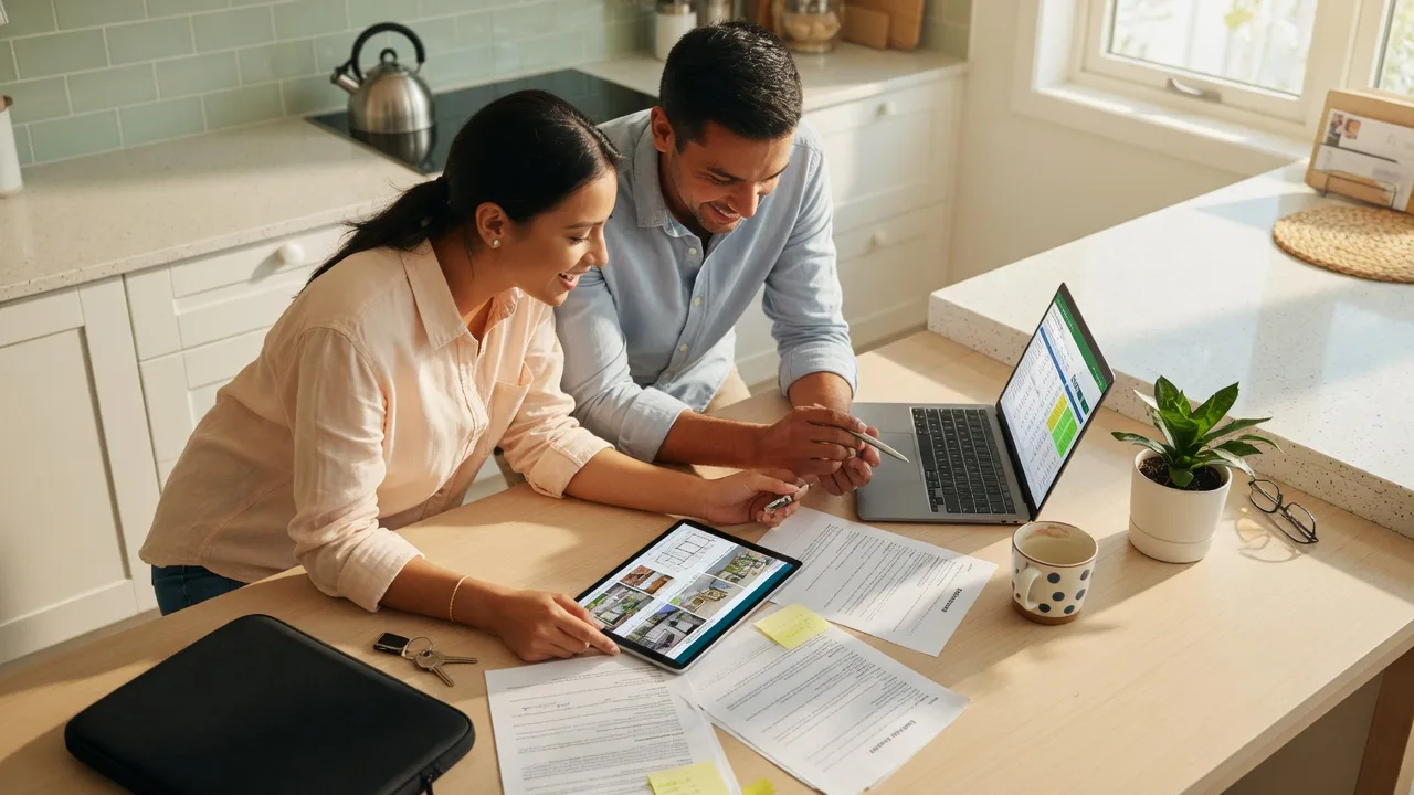Happy couple reviewing real estate documents on a tablet and laptop at a modern kitchen table