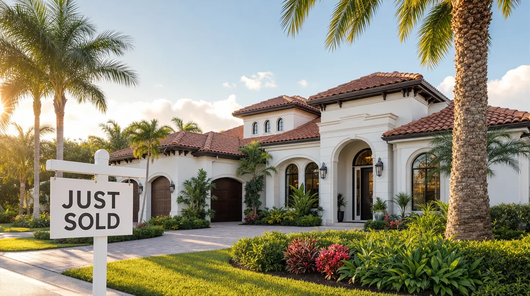 Mediterranean-style home with a Sold sign in front, Sarasota Florida