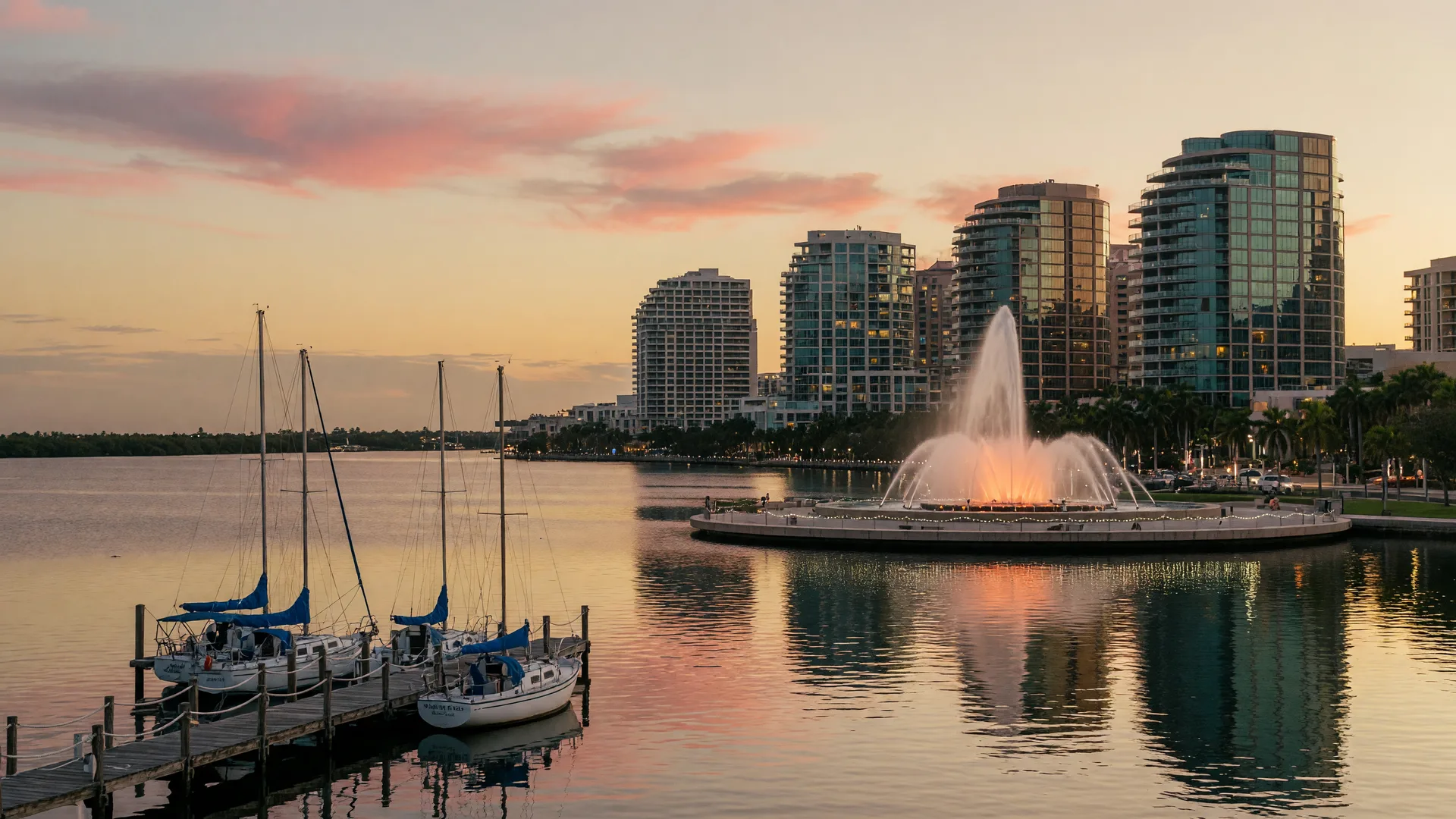 Downtown West Palm Beach skyline at golden hour across the Intracoastal Waterway, with sailboats in the foreground