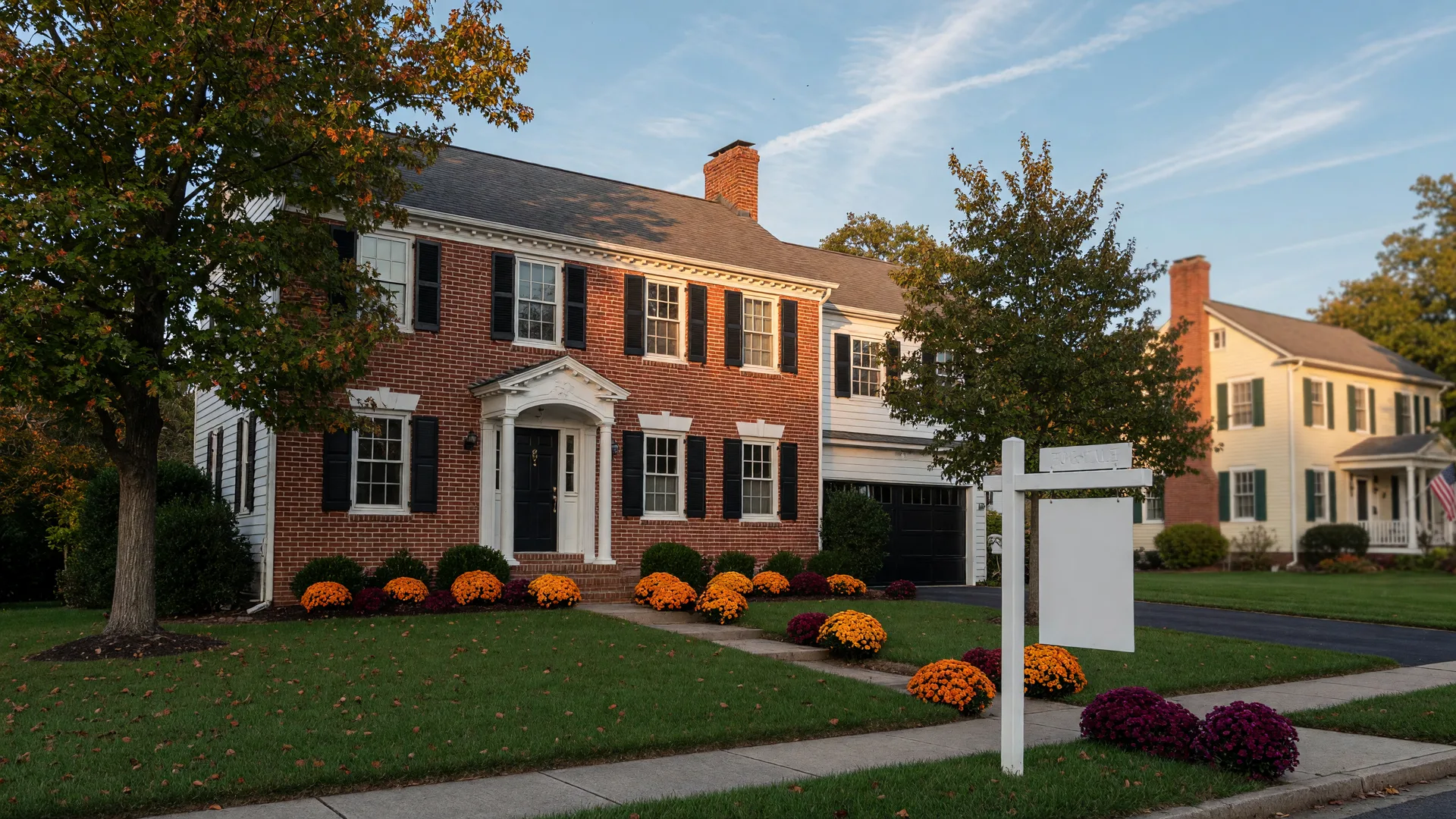 A Fredericksburg VA colonial home in early fall light with a real estate sign ready for sale