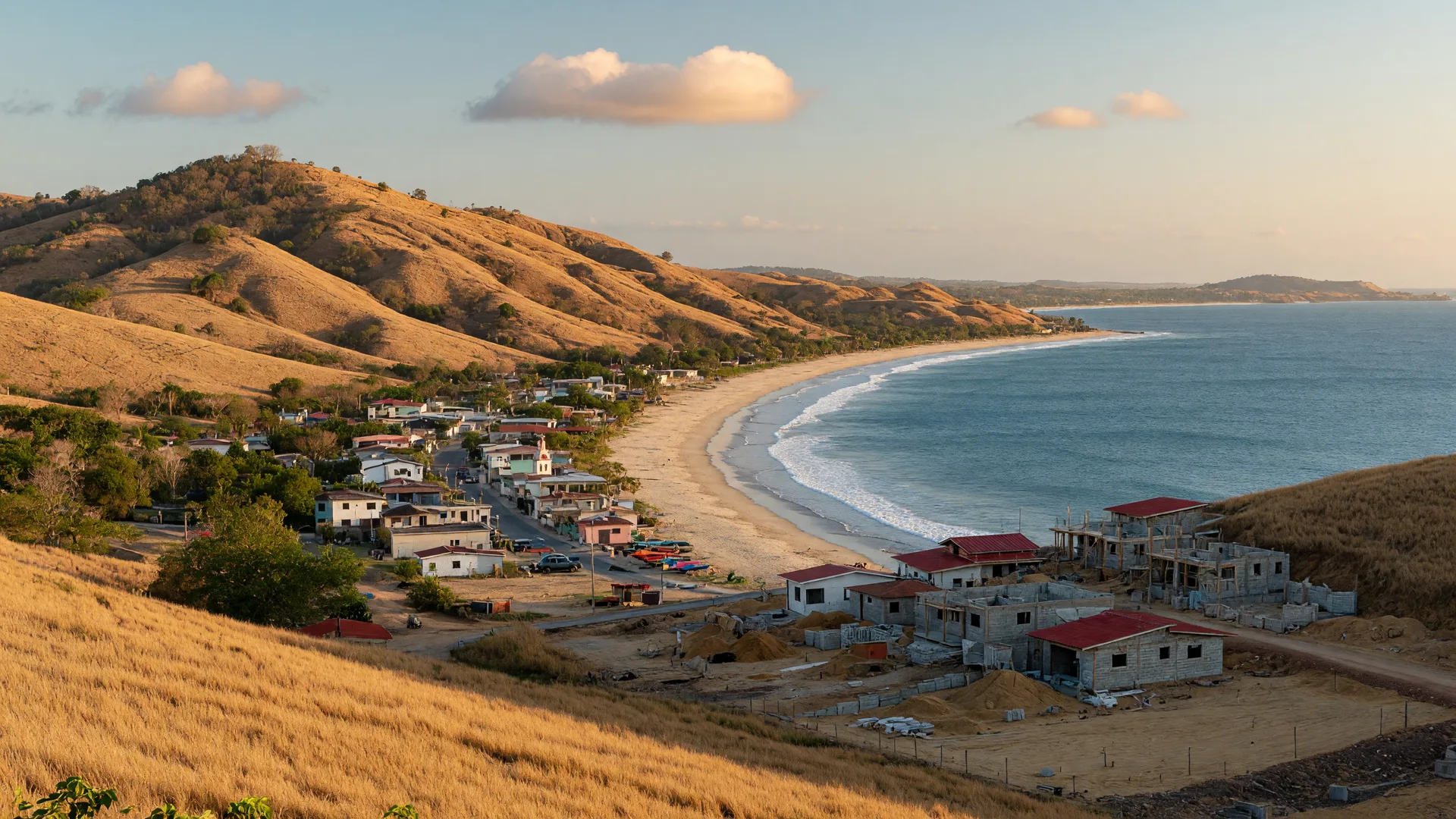 Dry golden hills of the Azuero Peninsula rolling toward the Pacific coast, with a small coastal town and new hillside homes under construction in the distance