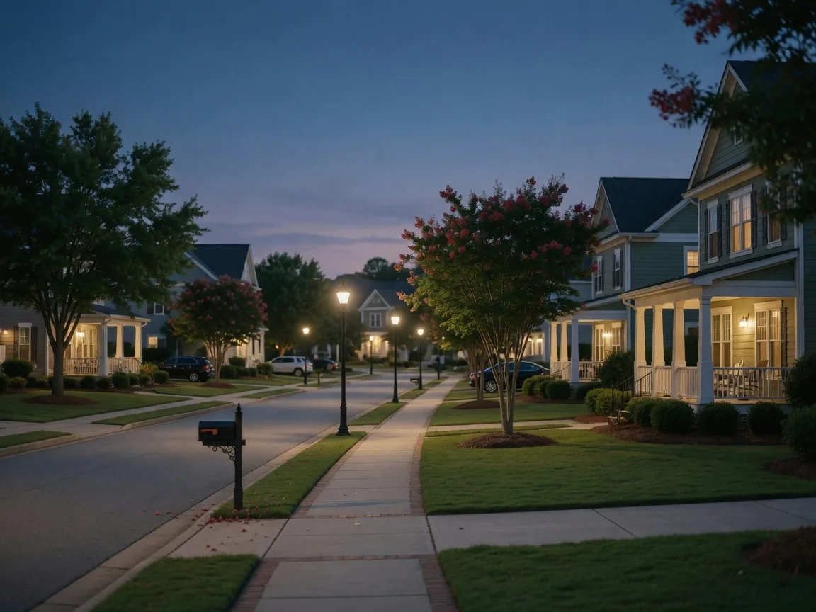 Upscale planned community homes glowing at blue hour