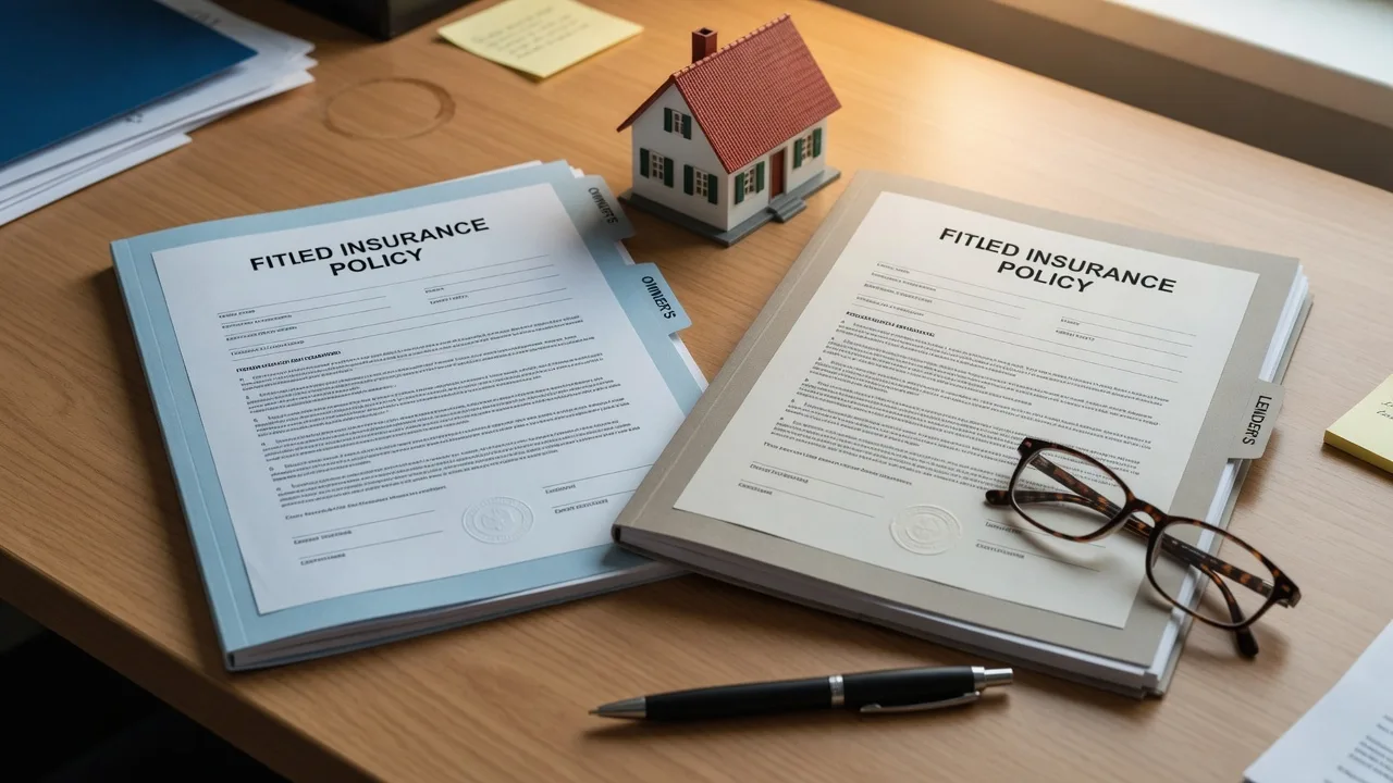 Two title insurance policy documents beside a model house on a desk