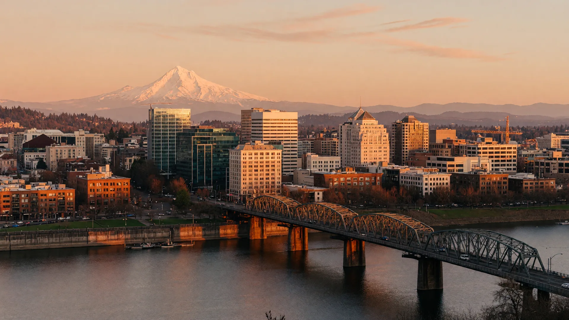 Downtown Portland at golden hour with the Willamette River and Mount Hood on the horizon
