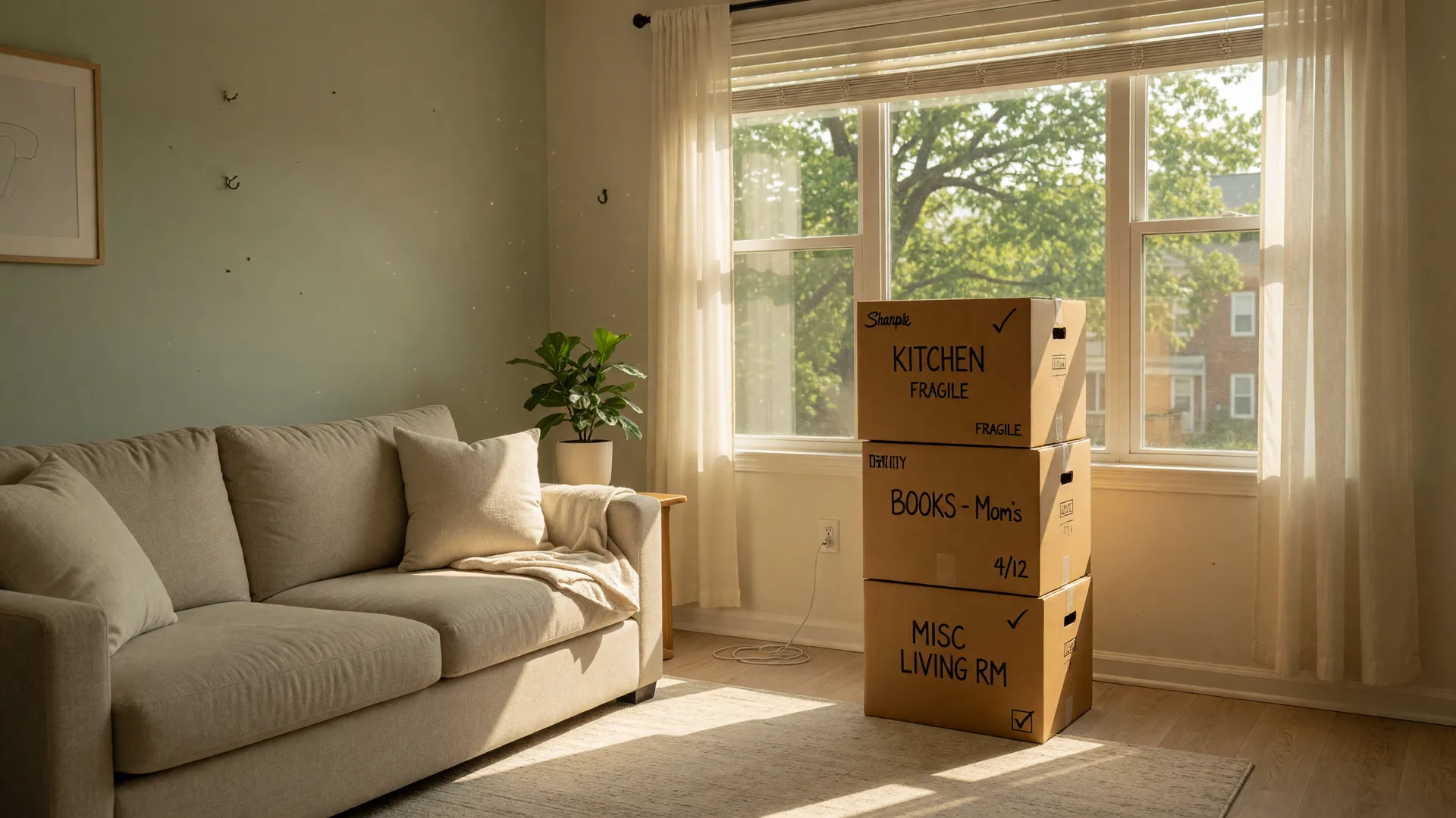 A bright, decluttered living room being prepared for a downsizing move, with moving boxes near a sunlit window