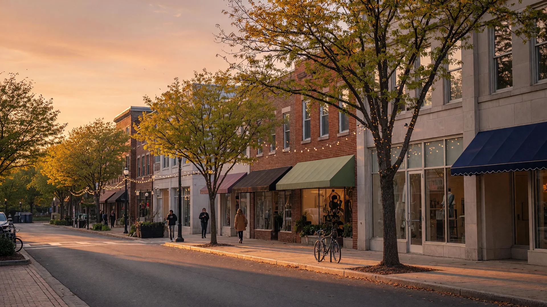 A walkable downtown Bethesda street at golden hour, with glass storefronts, awnings, tree lights, and warm evening light