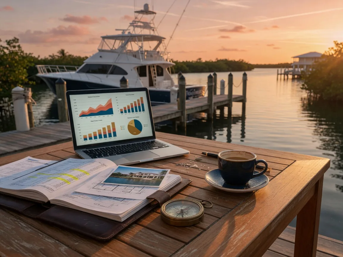 Luxury waterfront investment portfolio review on a teak table overlooking a Florida Keys canal at golden hour with laptop showing market charts, property documents, and a sportfishing yacht at dock