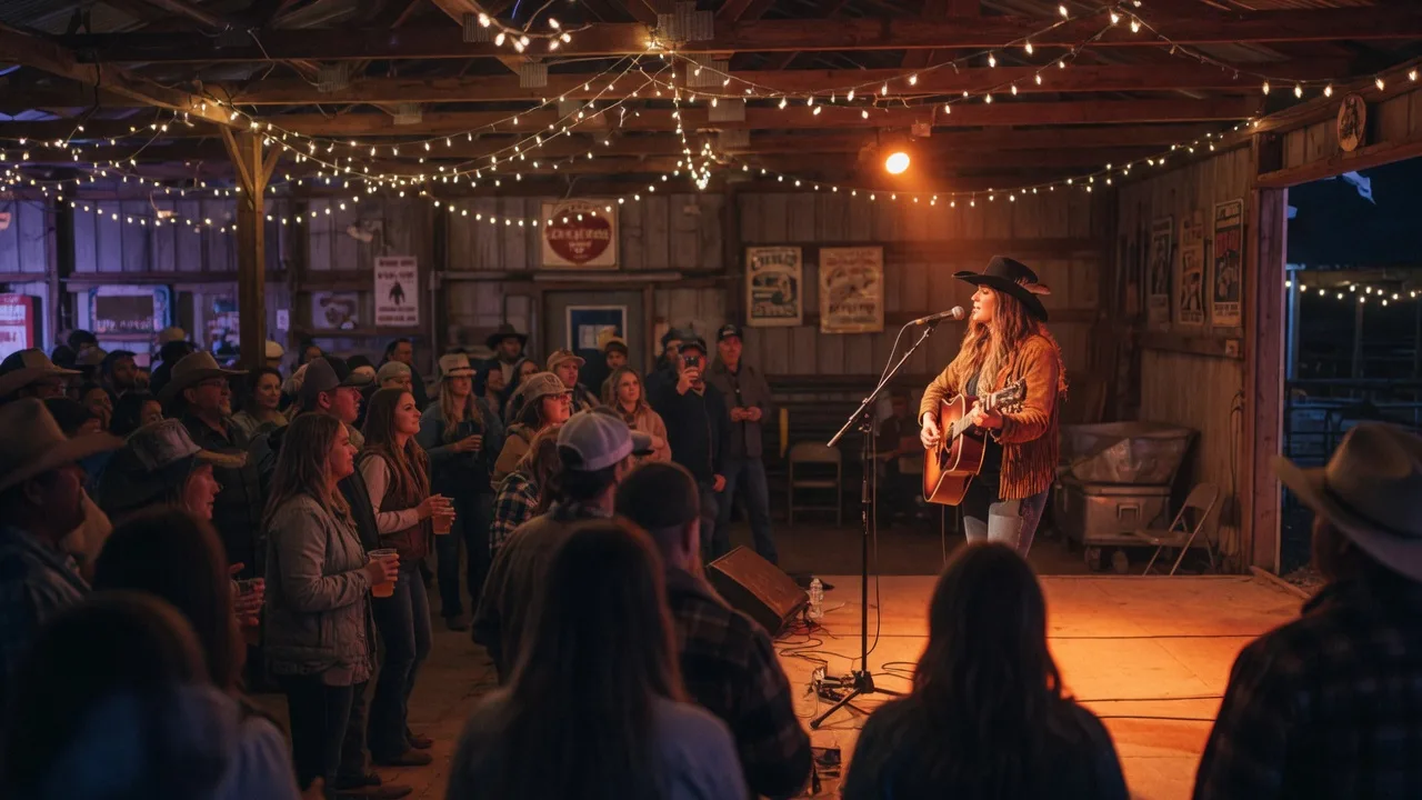 A female country singer-songwriter performing live on a rustic Texas icehouse stage, warm amber stage lights, string lights overhead, and a small crowd on the wooden floor