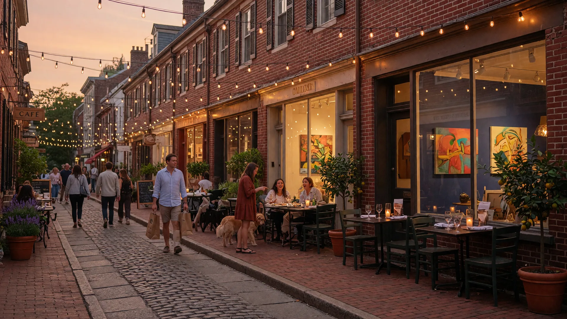 Old City Philadelphia street scene with restaurants and galleries