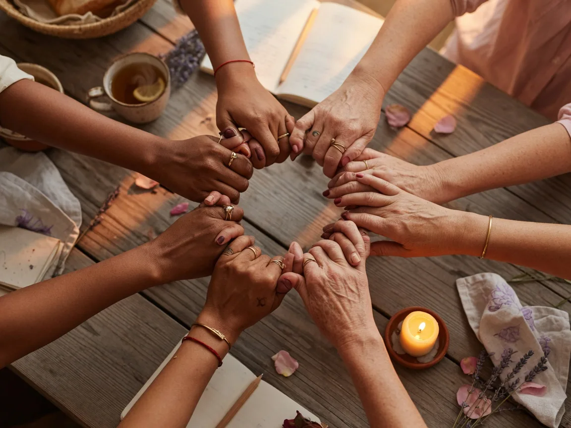 A circle of women's hands joined together over a wooden table in warm light
