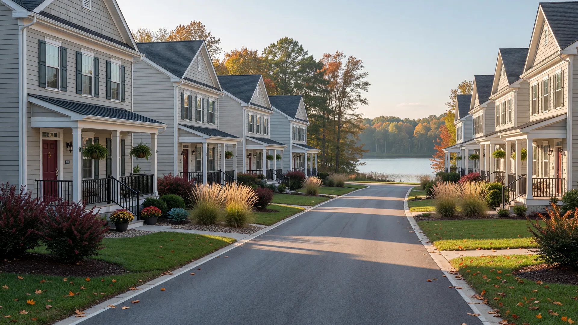 New attached villa homes in the Twin Lake Villas area of Locust Grove, Orange County, Virginia with landscaped yards and lake views