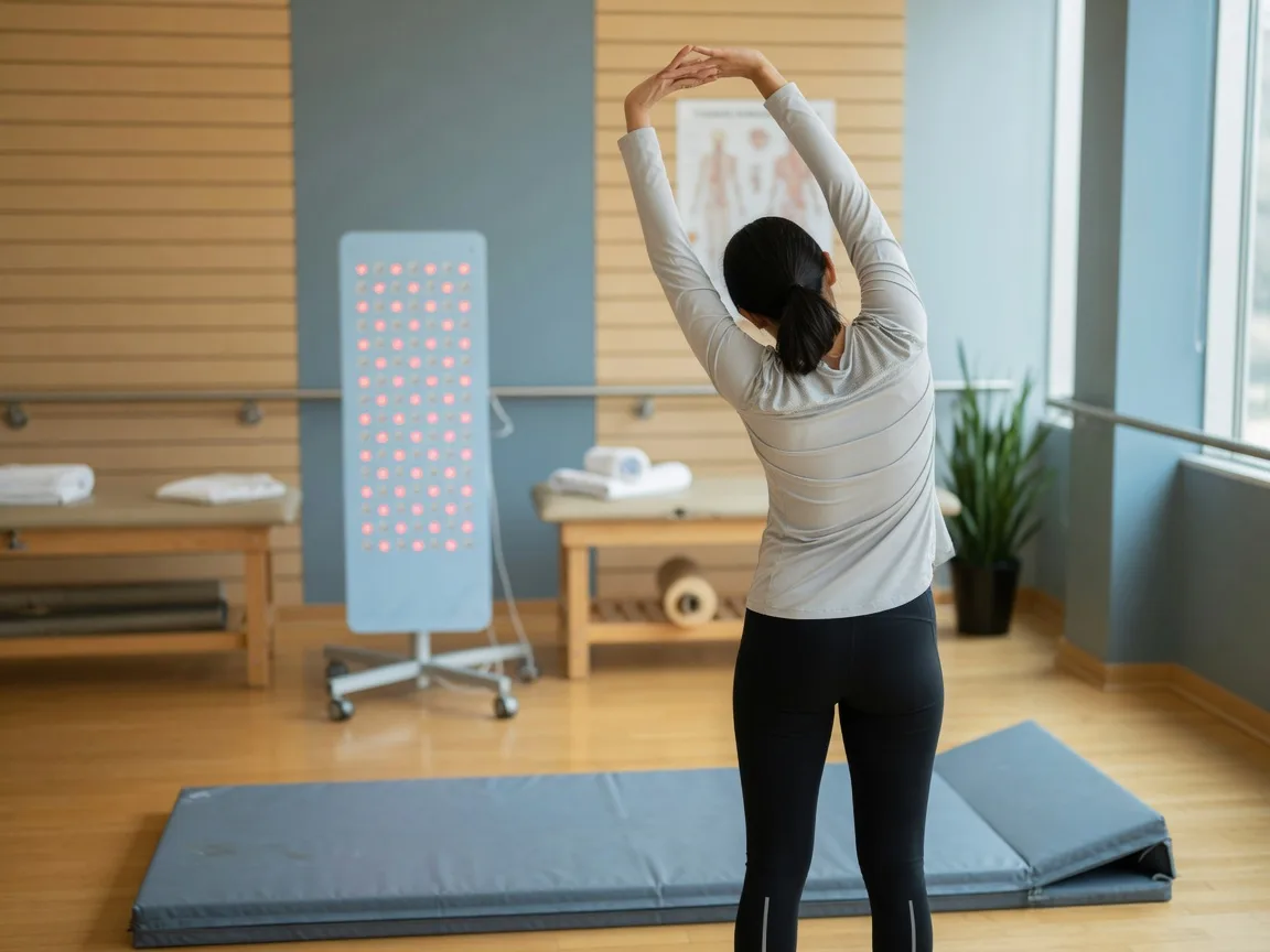 Patient stretching in a calm clinic exercise area
