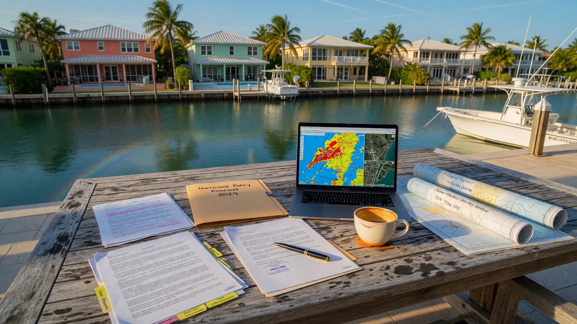 Florida Keys insurance and elevation certificate documents on a teak table with a laptop showing flood zone maps and canal view