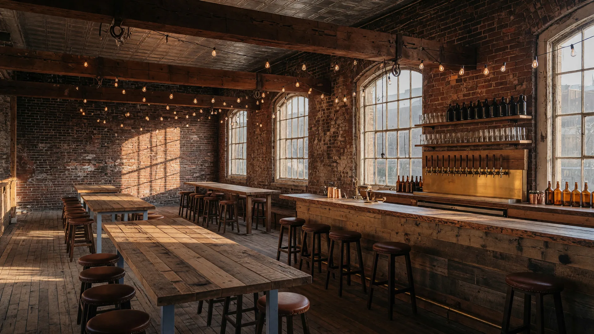 The Artisan: A Gathering Place in Buford Georgia, a Texas-style smokehouse and craft beer bar inside the historic Tannery Row building with warm Edison bulb lighting