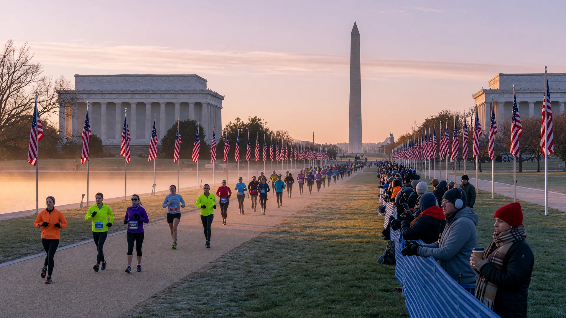 Marathon runners on the National Mall in Washington, DC at sunrise on race morning, with the Lincoln Memorial ahead and the Washington Monument in the distance
