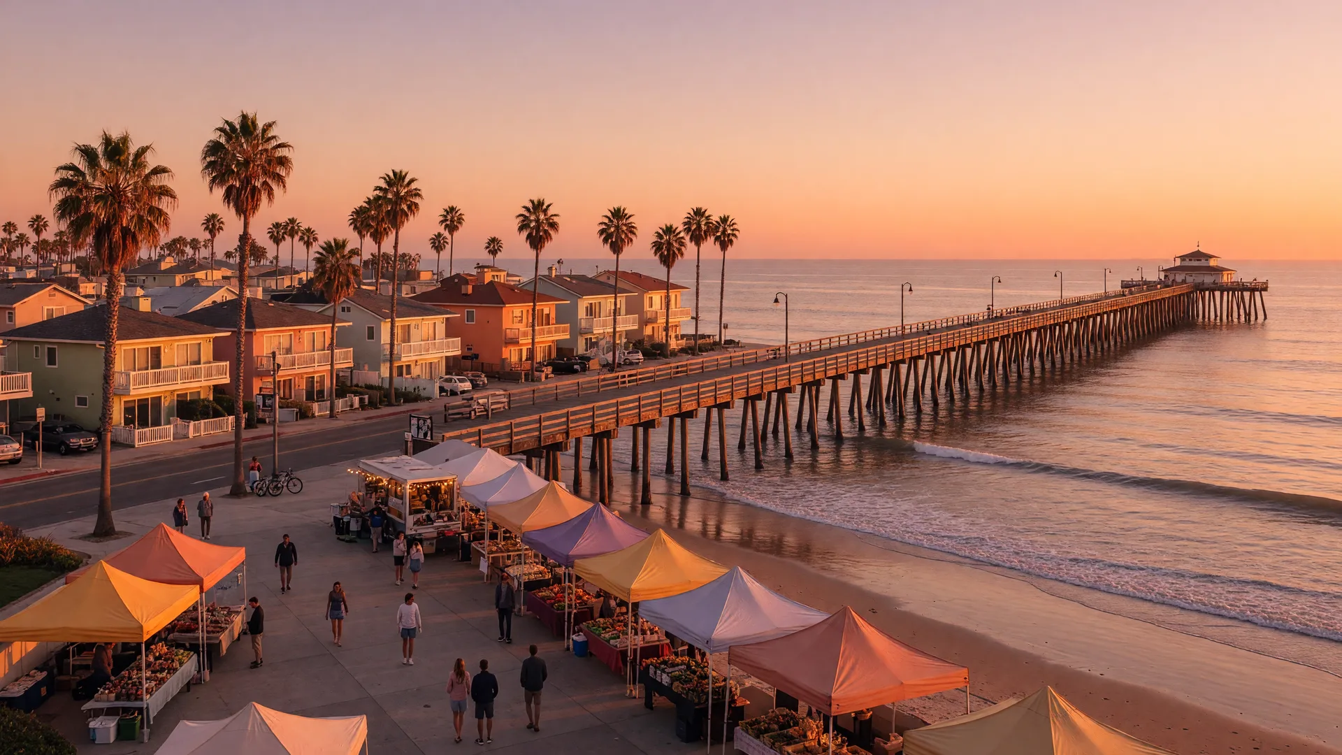 The Imperial Beach Pier at golden hour with weekend farmers market tents and palm trees along Seacoast Drive in ZIP 91932
