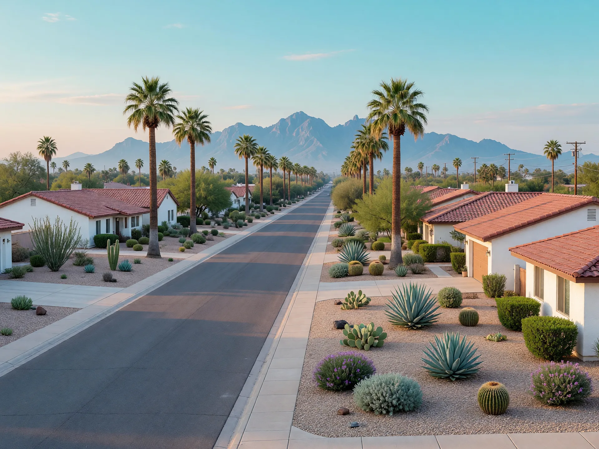 Residential street in Mesa, Arizona in morning light with palm trees, Southwestern homes, and the Superstition Mountains on the horizon